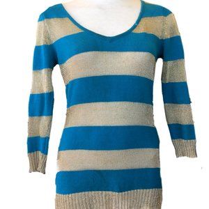 2B BEBE Faux Knit Sweater Top  Striped  3/4 Sleeve Shine Gold/Teal XS